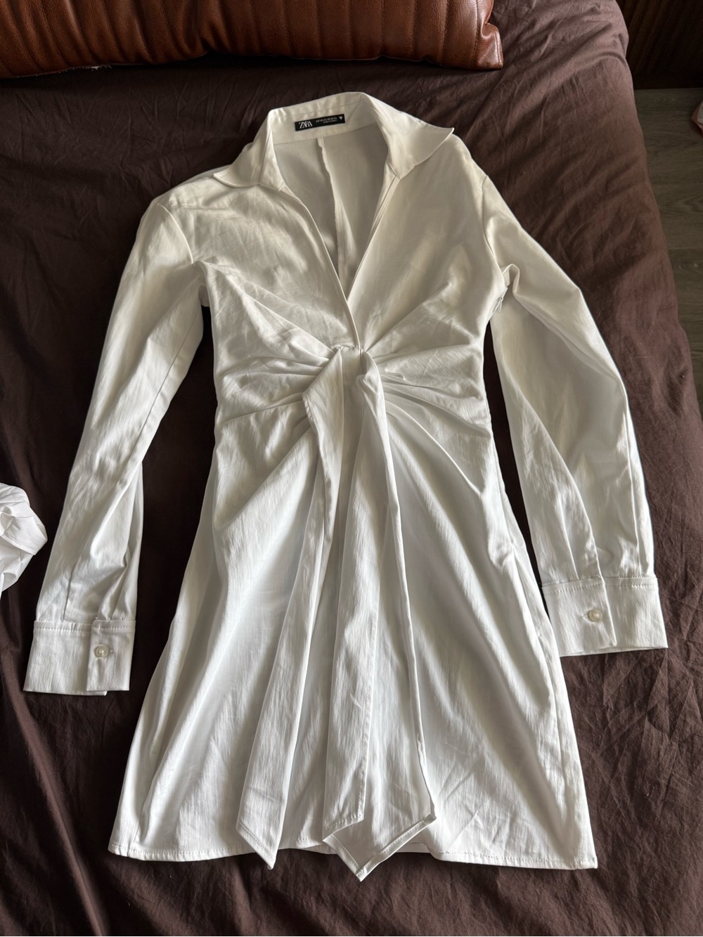 Zara White Twist-Front Long Sleeve Shirt Dress
